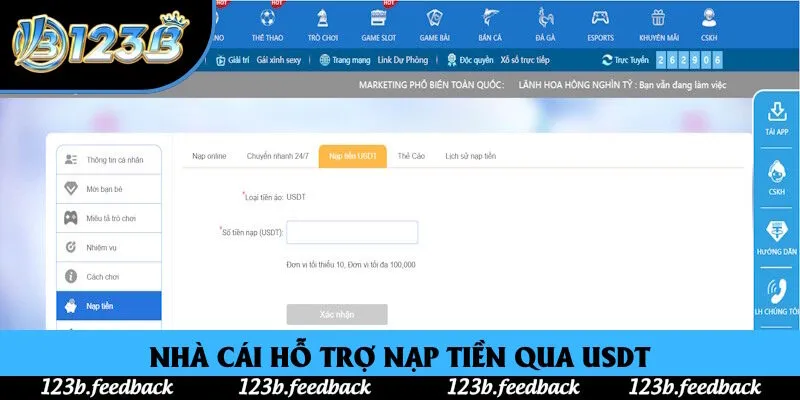 Nhà cái hỗ trợ phương thức qua USDT